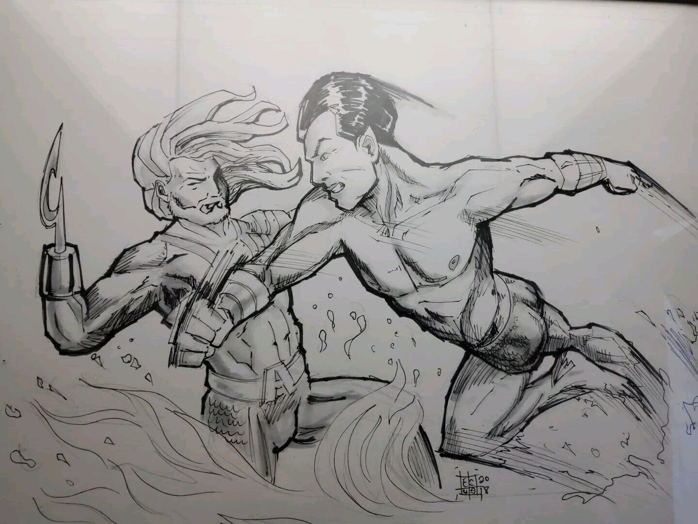 Original Art Sketch By Bryan Silverbax on Comic Art Board. Sub-Mariner vs Aquman