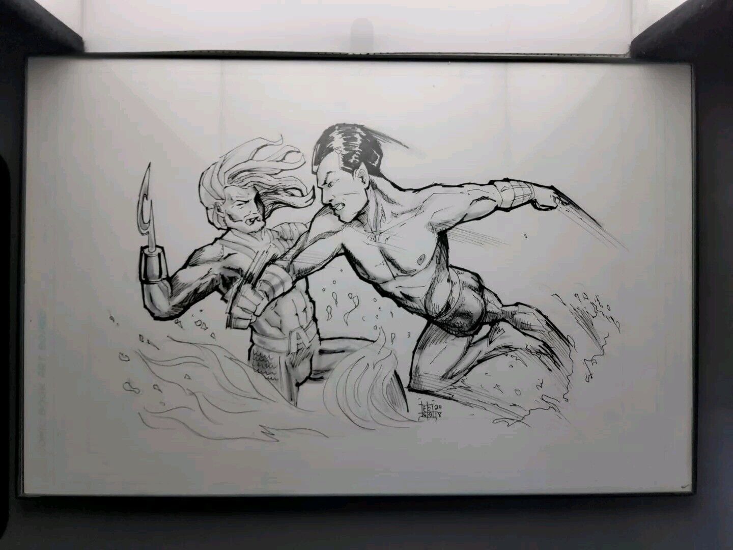 Original Art Sketch By Bryan Silverbax on Comic Art Board. Sub-Mariner vs Aquman