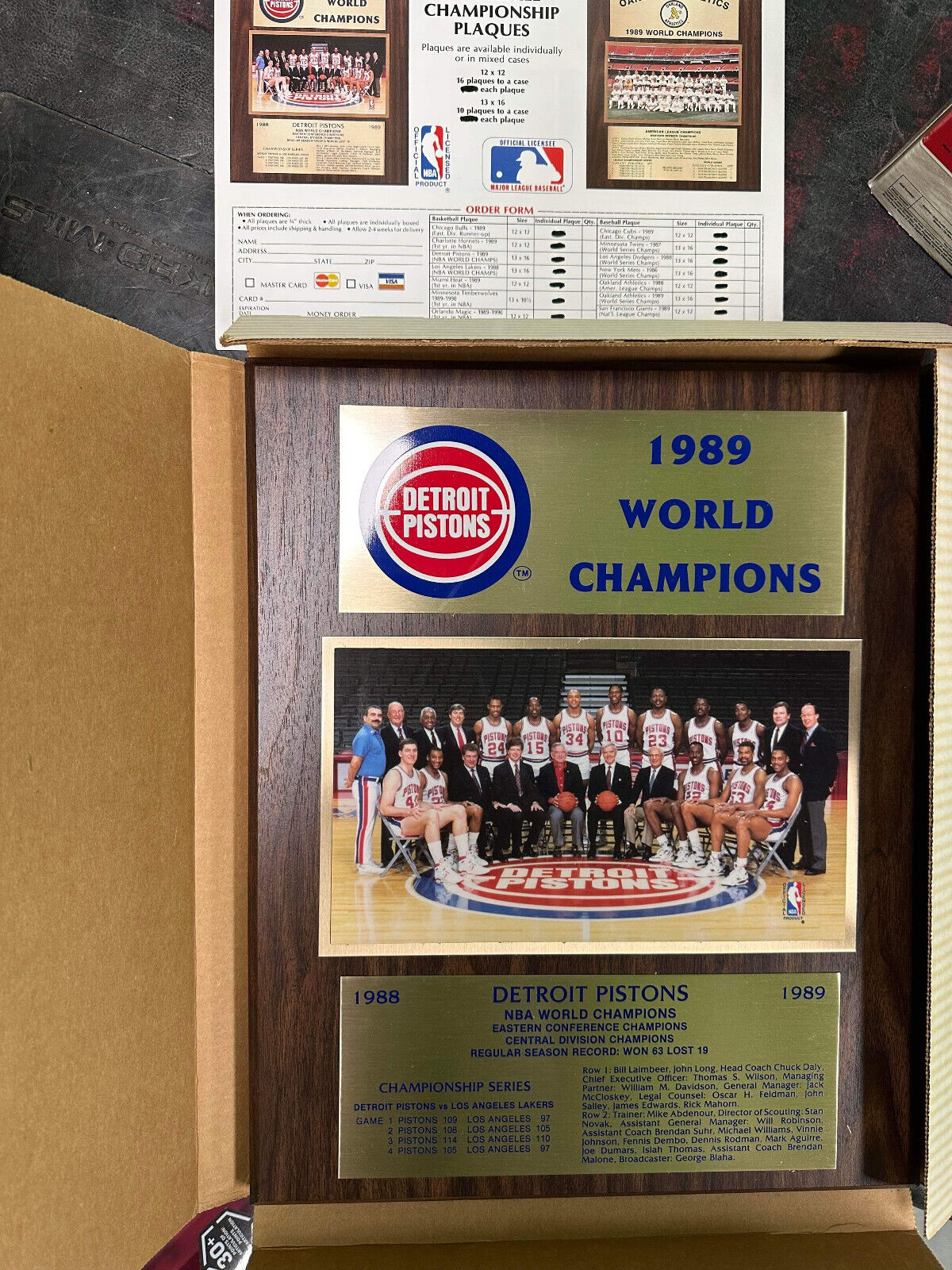 1989 NBA World Champion Detroit Pistons Wood And Brass Wall Plaque