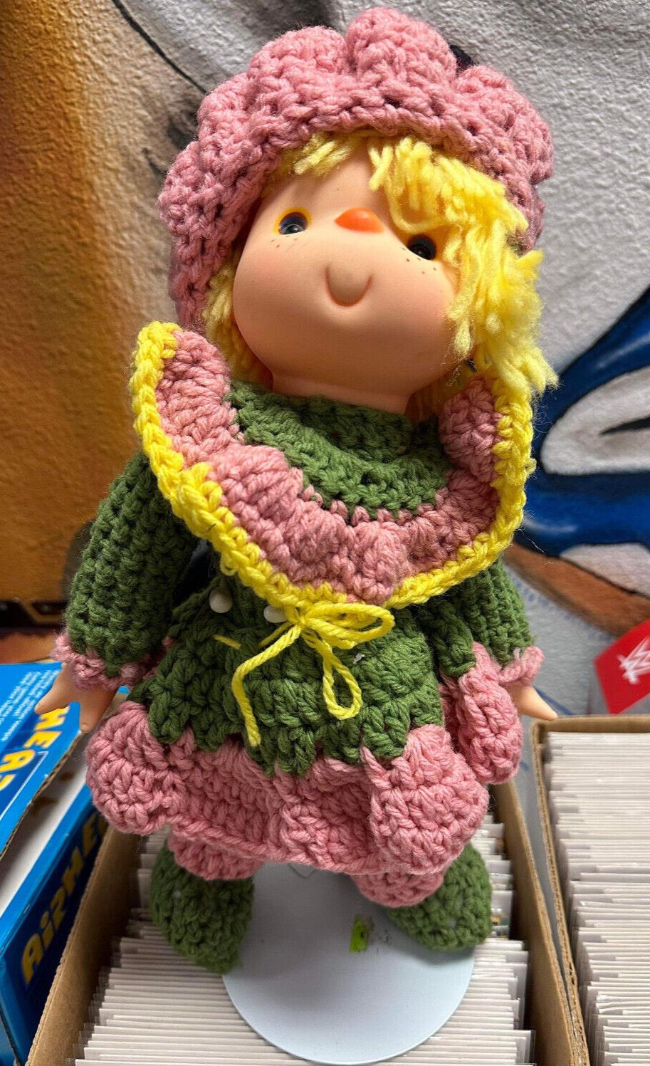 Vintage Knit Crochet Strawberry Shortcake Doll Plastic Head Soft Body